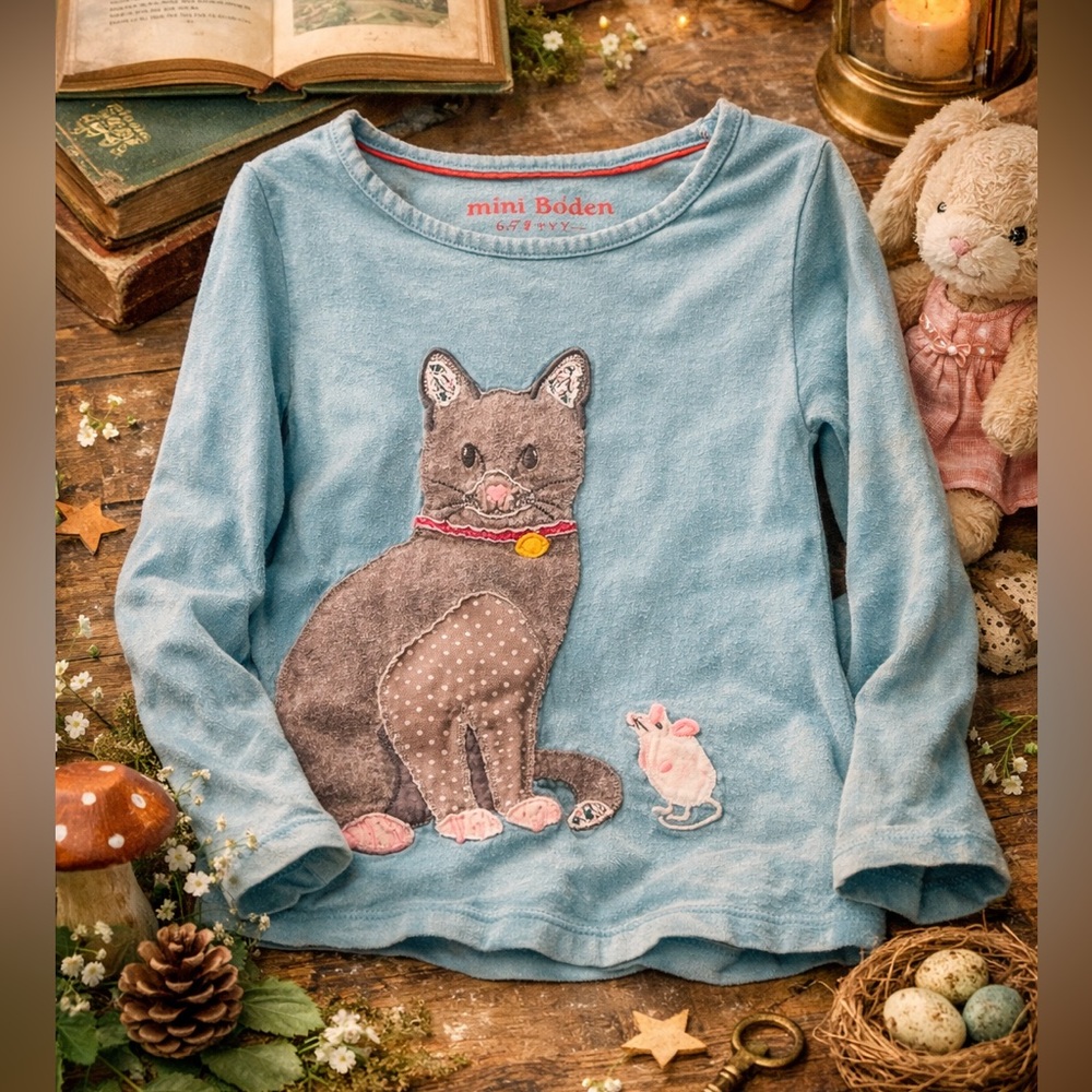 Mini Boden Blue Cat & Mouse Graphic Tee Long Sleeve 6–7Y